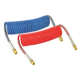 COILED AIR HOSE  SET15' (1/2in TUBE, 1/2in x 1/2in ENDS, PIGTAIL 6in TRACTOR, 6in TRAILER)(1-RED 1-BLUE)