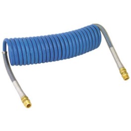 COILED AIR HOSE 15' (1/2in TUBE, 1/2in x 1/2in ENDS, PIGTAIL 6in TRACTOR, 6in TRAILER)(BLUE)