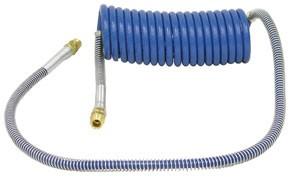 BLUE COILED AIR HOSE 15' (1/2in TUBE, 1/2in x 1/2in ENDS, PIGTAIL, 40in TRACTOR, 12in TRAILER)