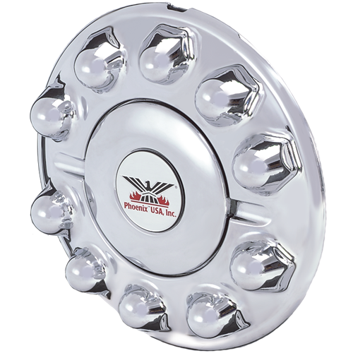 ONE FRONT CHROME PLASTIC HUB COVER 10 LUG, 225MM ALUMINUM WHEELS