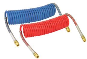 Product Image: COILED AIR HOSE  SET15′ (1/2in TUBE, 1/2in x 1/2in ENDS, PIGTAIL 6in TRACTOR, 6in TRAILER)(1-RED 1-BLUE)